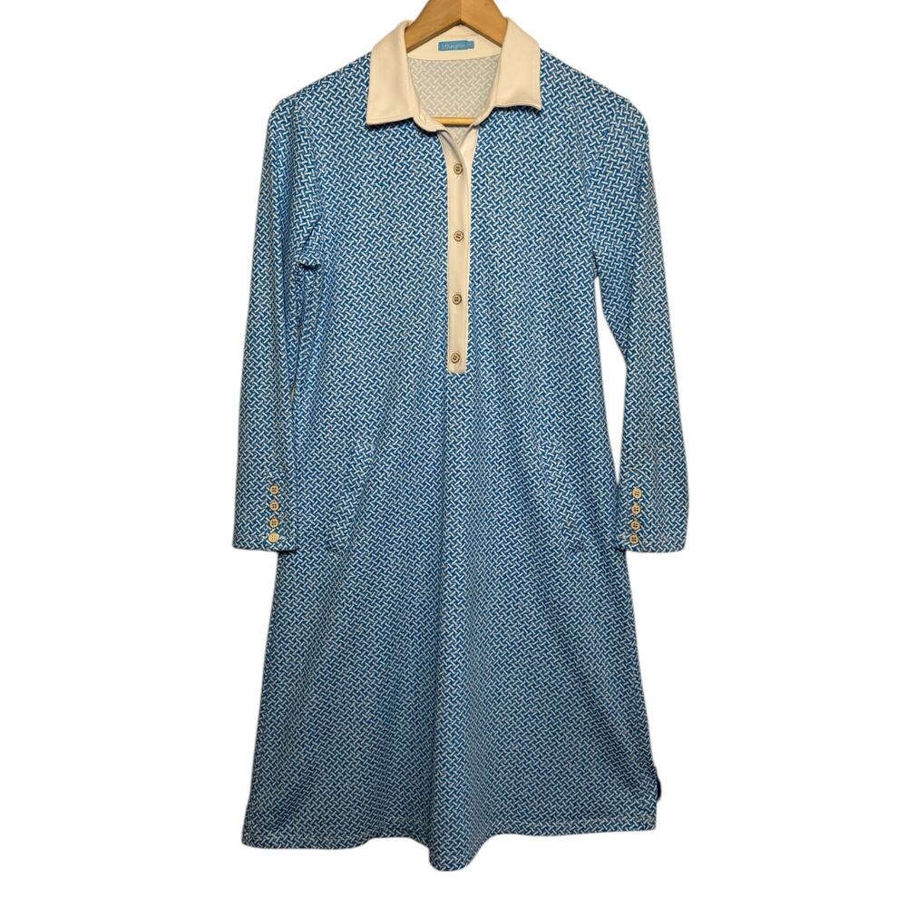 J McLaughlin Blue White Print Collared Catalina Cloth Callie Dress Pockets